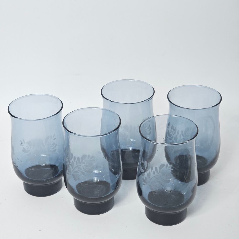 VTG Pfaltzgraff YORKTOWNE Etched Blue Flowers Drinking Glasses 14 oz lot of 5